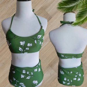 GREEN PRINT HALTER TWO PIECE SWIMSUIT